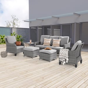 6-Piece Patio Outdoor Conversation Set with Thickening Ottomans Side Table, Linen Grey Cushion