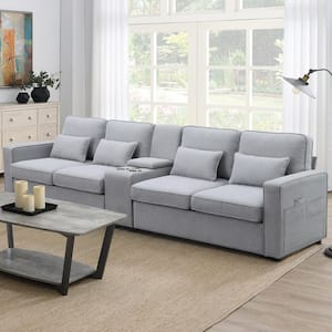 114.2 in. W Square Arm Linen Rectangle Sofa in. Light Gray with Console, 2-Cup Holders, Wired and Wireless Charging