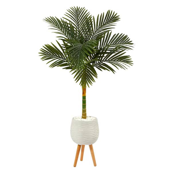 Nearly Natural 5 ft. Golden Cane Artificial Palm Tree in White Planter with Stand