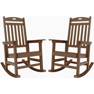 Teak Plastic Patio Outdoor Rocking Chair, Fire Pit Adirondack Rocker Chair with High Backrest(2-Pack)