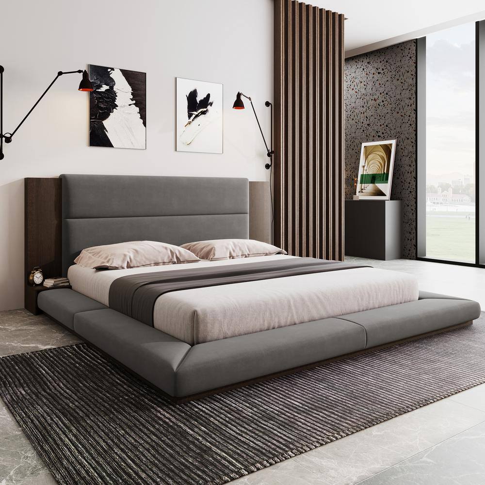 Gray Wood Frame King Size Velvet Upholstered Platform Bed Floor Bed with Extended Wood Headboard, Bedside Shelf - thumbnail 8