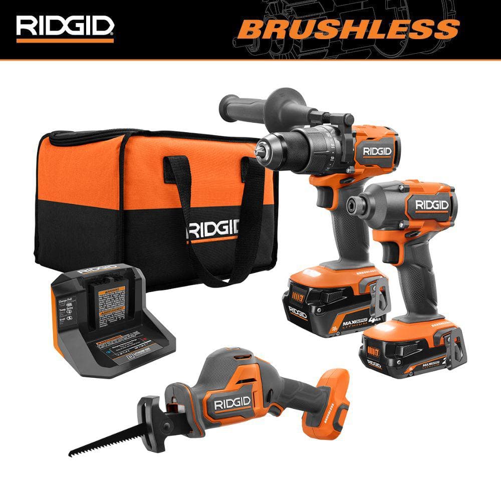RIDGID 18V Brushless Cordless 2-Tool Combo Kit w/ Hammer Drill, Impact Driver, Recip Saw, Batteries, Charger, & Bag -  R9208-R8648B