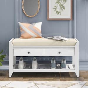 White Entryway Wood Storage Bench Shoe Rack 39"L x 14"W x 19.8"H with Cushioned Seat, 2 Drawers and Bottom Shelf