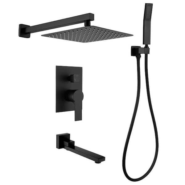 Single-Handle 3-Spray Hand Shower Retractable Tub Faucet with 10 in. Rain Shower Heads in Black (Valve Included)