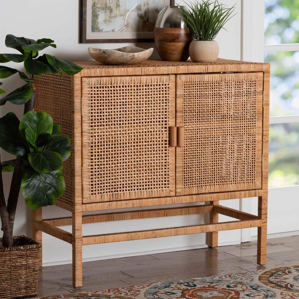 bali & pari Vivan Natural Brown 34.3 in. H Rattan 2-Tier Accent