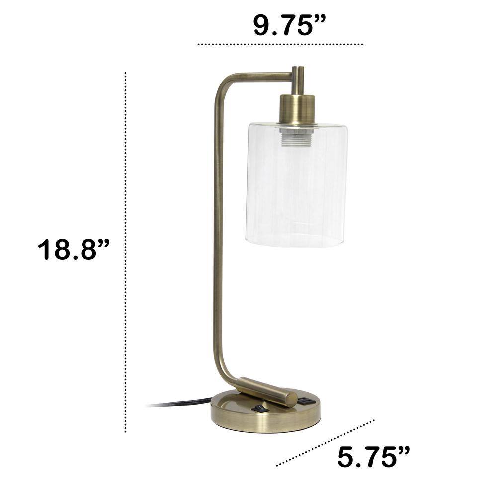 Antique Brass Curved Arm Desk Lamp with Clear Glass Shade