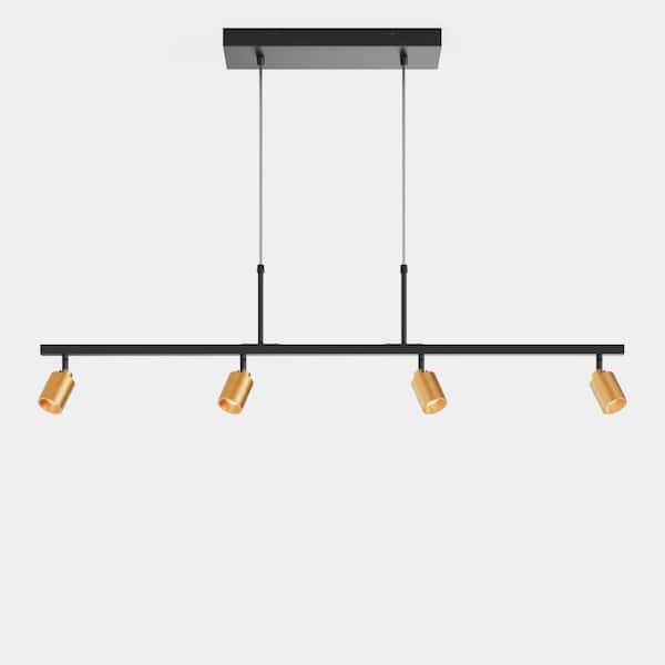 Shura Black and Brass 4-Light Track Lighting Pendant, Rotatable Heads, Integrated LED, Adjustable Height, 3000K, 1960L