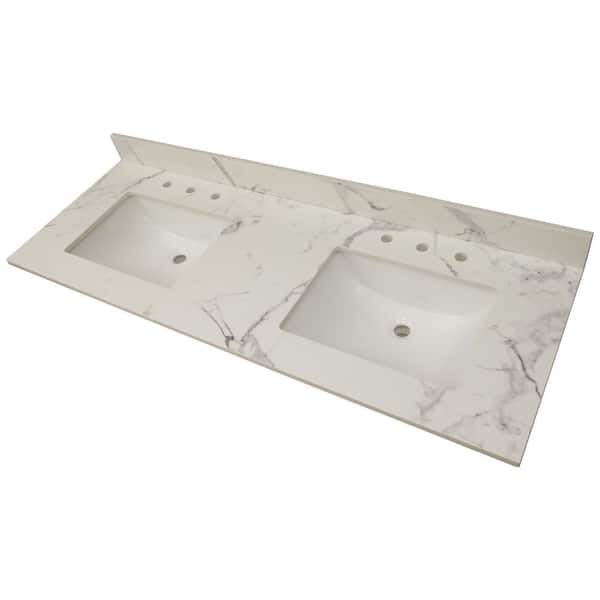 A&A Surfaces Calacatta Nowy 61 in. W x 22 in. D Engineered Marble Vanity Top with White Rectangle Double Sinks