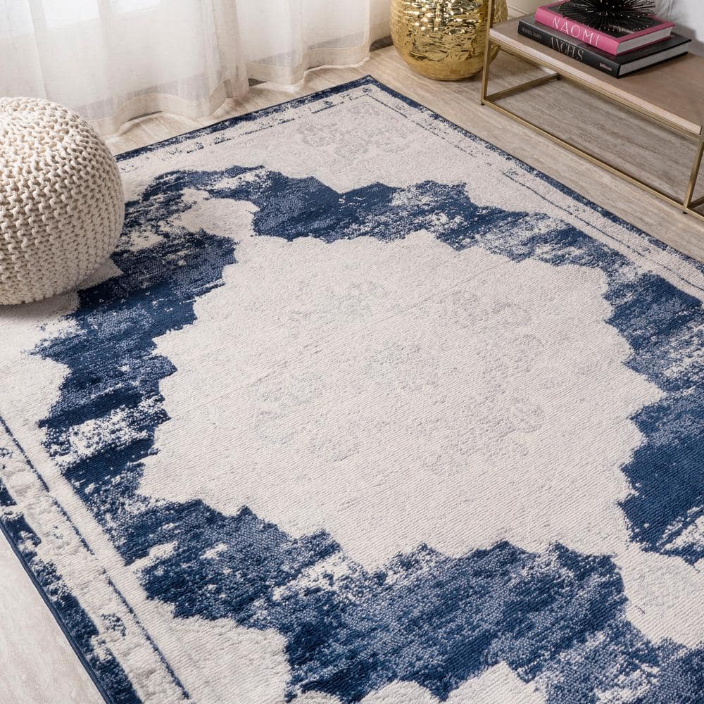 Ivory and Navy Synthetic Reversible Medallion Area Rug