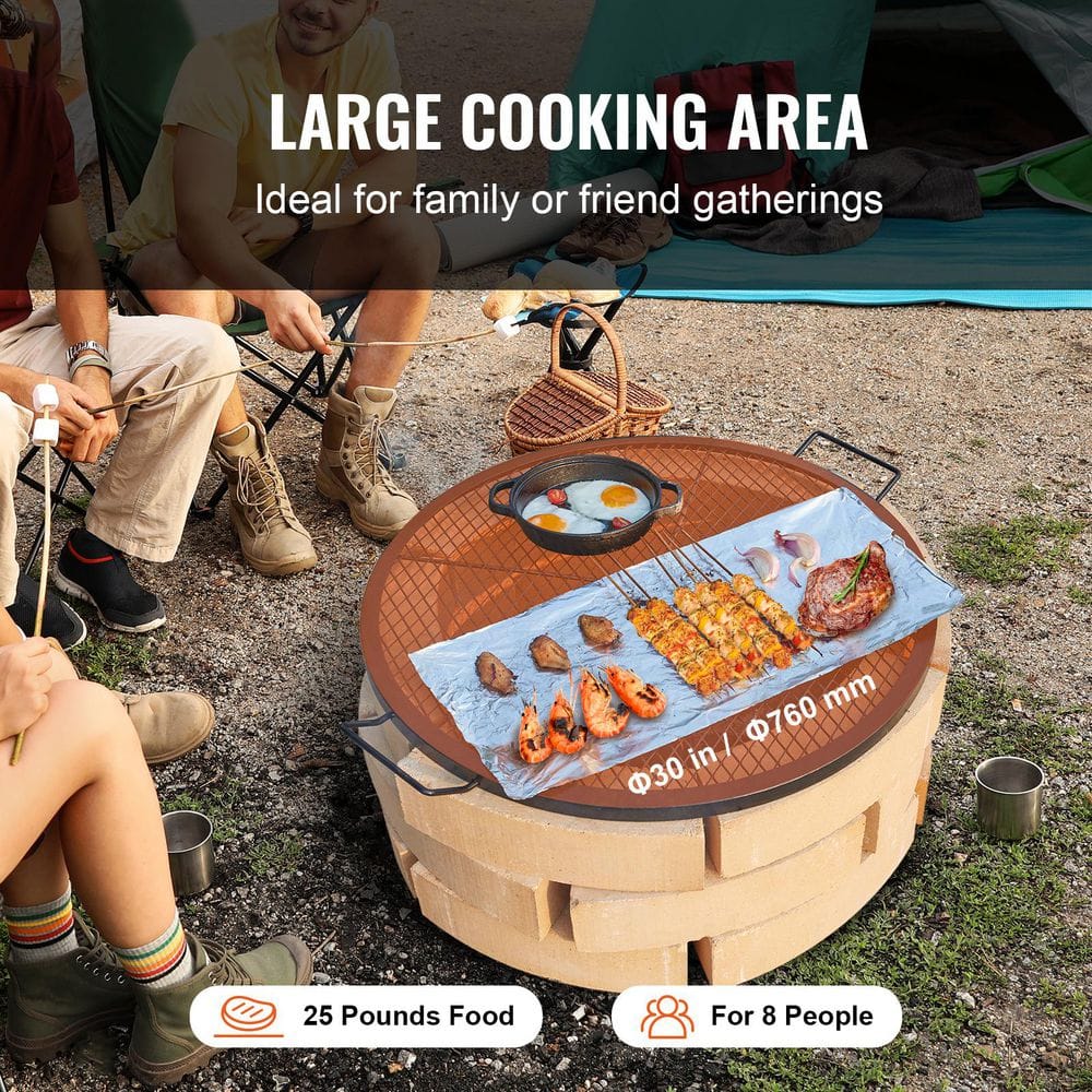 30 in. Fire Pit Grill Grate, Heavy Duty Steel BBQ Cooking Grid, Round Campfire Grate with X Wire and Handle