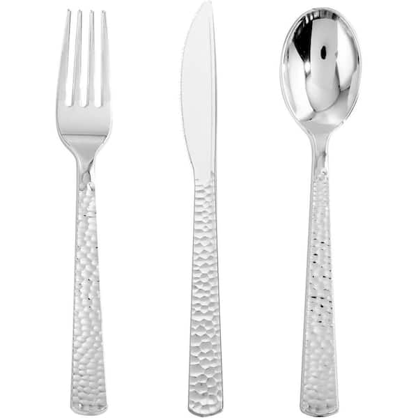 300-Pieces Silver Disposable Plastic Silverware Cutlery Include 100-Forks, 100-Knives, 100-Spoons for Party and Wedding