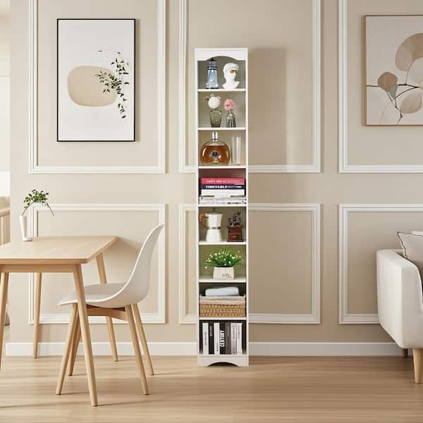Tall Narrow Bookshelf with Adjustable Shelves – Stylish Slim Storage Cabinet, White 8 Cubes Accent Cabinet