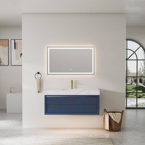 Wenlorin 48 in. Single Sink Floating Blue Bath Vanity with White Engineered Marble Top Pre-Assembled