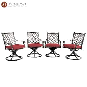 Cast Aluminum Outdoor Dining Chair Diagonal-Mesh Backrest 360 Degrees Swivel Chairs with Red Cushions (Set of 4)