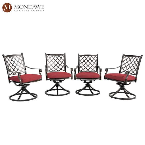 Mondawe Cast Aluminum Outdoor Dining Chair Diagonal-Mesh Backrest 360 Degrees Swivel Chairs with Red Cushions (Set of 4)