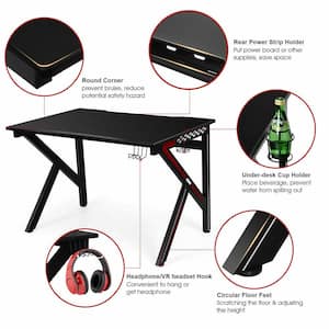 29.5 in. Black Metal Gaming Desk Gamers Computer Desk E-Sports K-Shaped with Cup Holder Hook Home