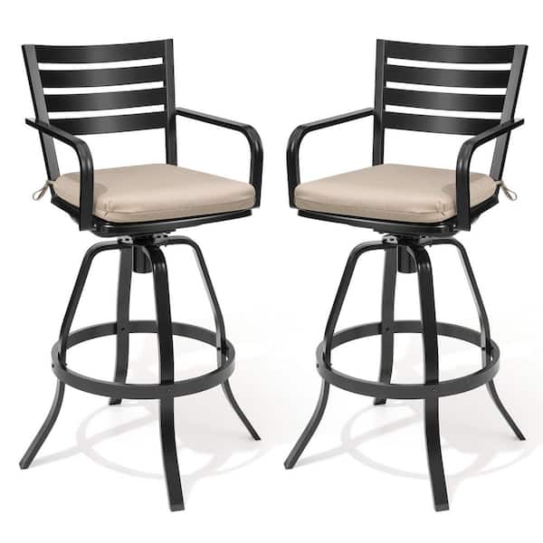 Swivel Cast Aluminum Outdoor Bar Stool with Sunbrella Beige Cushion (2-Pack)