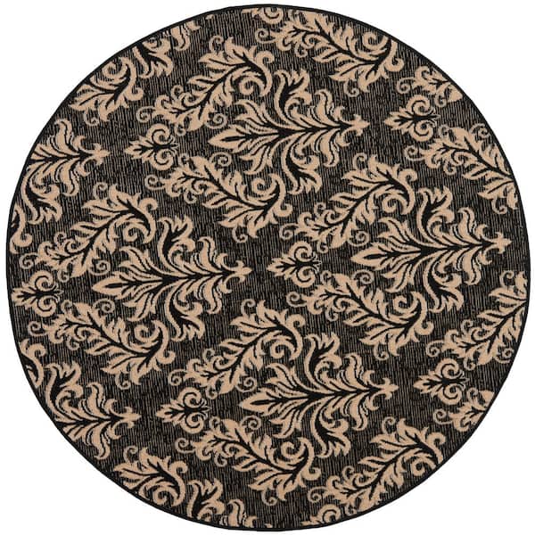 Courtyard Black/Cream 7 ft. x 7 ft. Round Floral Indoor/Outdoor Patio  Area Rug