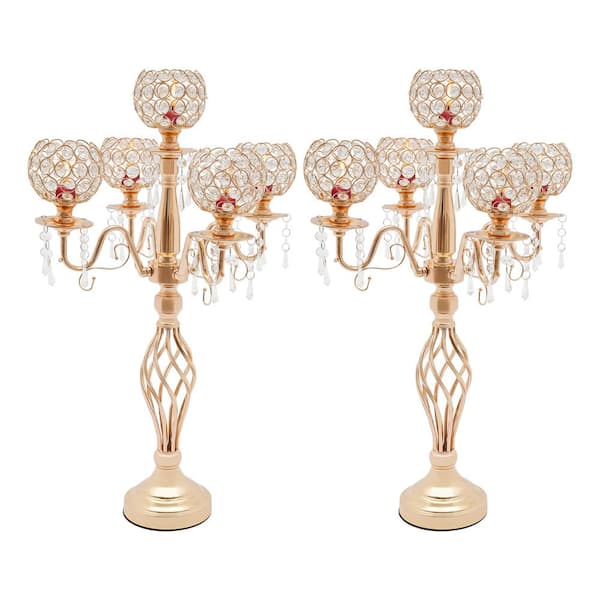 Gold Metal Iron Glass Crystal Decor 27 in. H Candle Holders 5-Arm Candelabra (Set of 2)