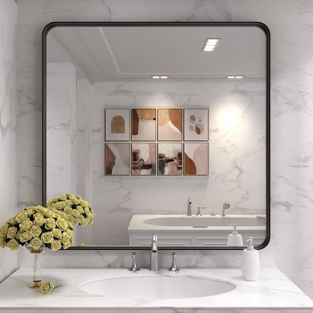 Matte Black Square Aluminum Vanity Mirror with Tempered Glass