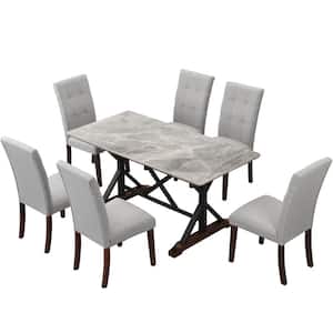 7-Piece Rectangle Gray Sintered Stone and MDF Top Dining Table Set Seats 6 with 6 Button-Tufted Linen Upholstered Chairs