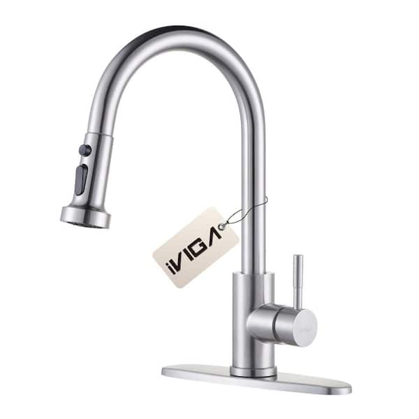 IVIGA Henassor Single Handle Pull-Down Sprayer Kitchen Faucet with Deck Plate in Brushed Nickel