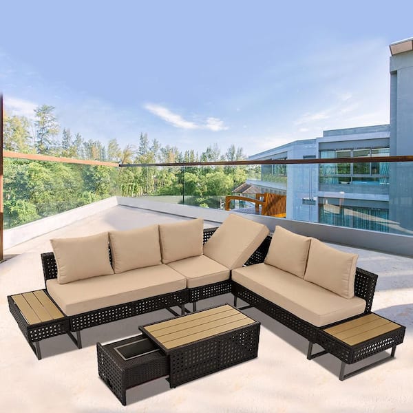 Zeus & Ruta 6-Piece Patio Furniture Diamond Wicker Outdoor Conversation Set with Khaki Cushion and Extendable Coffee Table