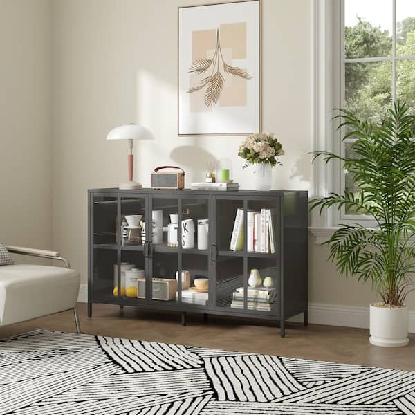 Berlinde Black Steel 55. 2 in. Sideboard with 3-Clear Doors