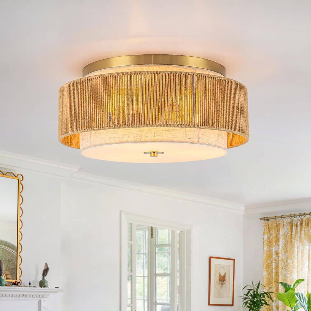 Nora 18 in. 3-Light Rattan Drum Brushed Gold Flush Mount for kitchen Living Room Bedroom price history on PriceWatchPro
