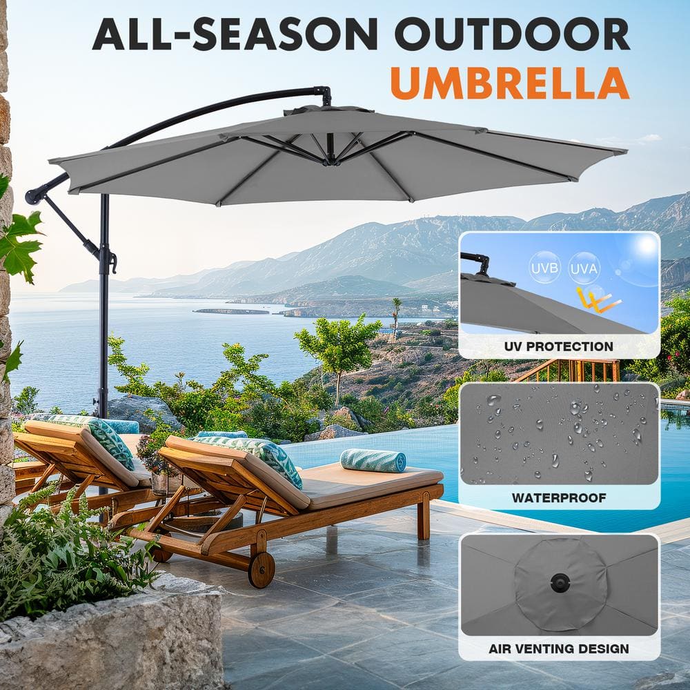10 ft Gray Polyester Cantilever Patio Umbrella with Metal Frame