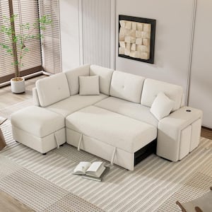 87.7 in. L Shaped Chenille Sectional Sofa in Cream with Storage Ottoman, Hidden Stools, Wireless Charger and USB Ports