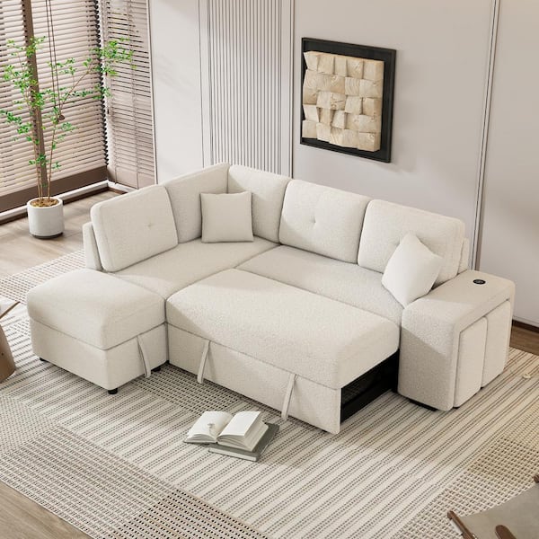 Harper & Bright Designs 87.7 in. L Shaped Chenille Sectional Sofa in Cream with Storage Ottoman, Hidden Stools, Wireless Charger and USB Ports