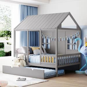 Gray Full Size Wood House Bed with Twin Size Trundle, Guardrails, Roof, and Windows