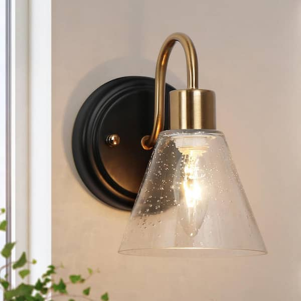 Uolfin 5.1 in. Black and Brass Wall Sconce Light with Seeded Glass ...