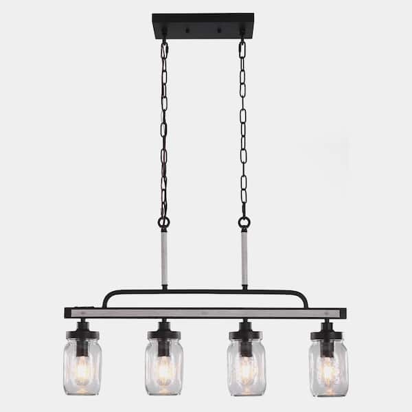Y'INSP 4 Lights Black Mason Jar Farmhouse Chandelier Rustic Linear Hanging Pendant for Kitchen Island with Clear Glass Shade