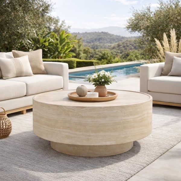 Kiva Beige Round Fibreglass Reinforced Concrete Outdoor Coffee Table