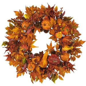 Autumn Berries and Maple Leaf Enhance Home Decor Emlyn Halloween Silk Fall Door Wreath 18-19 inch Handcrafted with Care,Year Round Wreath