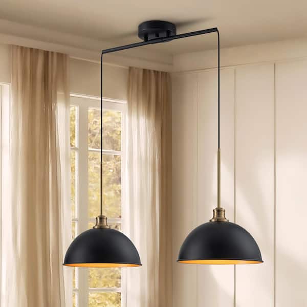 2-Light Matte Black and Gold Mid-Century Modern Pendant Lighting for Bowl Fixtures with Metal Drum Shade