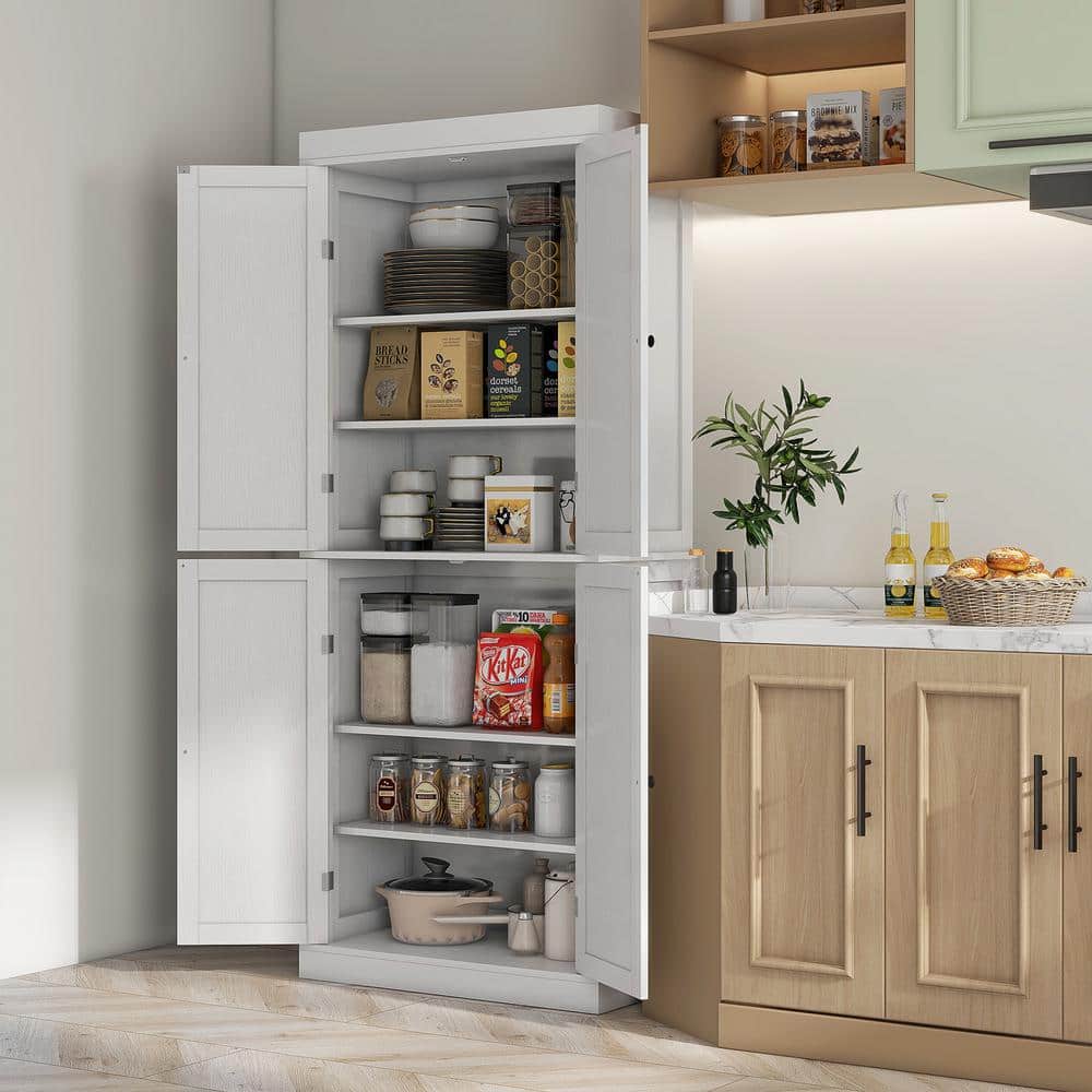 72" White Wood Grain Shaker Style Freestanding Kitchen Pantry Cabinet