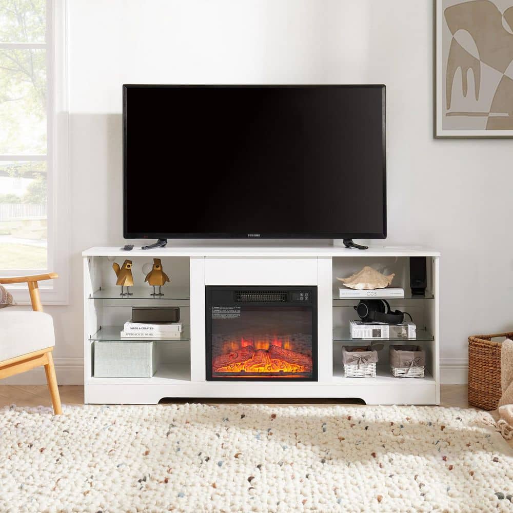 57.87 in. White TV Stand Fits TVs up to 62 in. with Cable Management