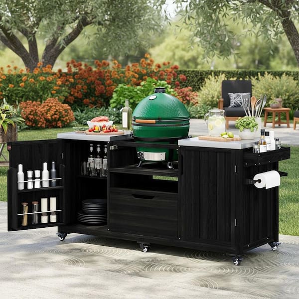 Farmhouse Black Steel 66.5 in. Rolling Outdoor Kitchen Cart Grill Cart for Big Green Egg Grills with Drawer and 2-Door