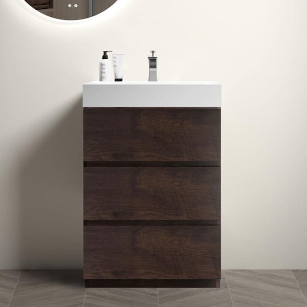 Dimakai 24 in. Single Sink Freestanding Rose Wood Bath Vanity with White Solid Surface Top Unassembled without Drain and Faucet