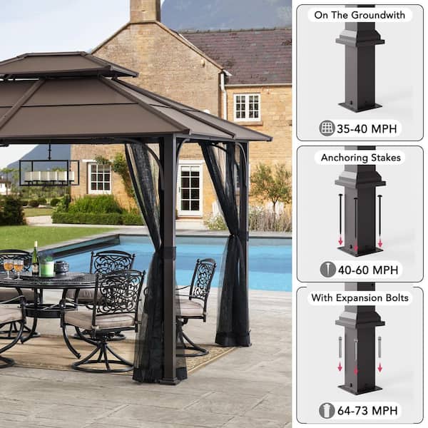 Atasha 10 ft. x 12 ft. Brown Steel Gazebo with 2-Tier Hip Roof Hardtop with Mosquito Netting