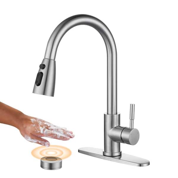 Single Handle Pull Down Sprayer Kitchen Faucet with 3-Mode Spray and Mobile Motion Sensor in Brushed Nickel