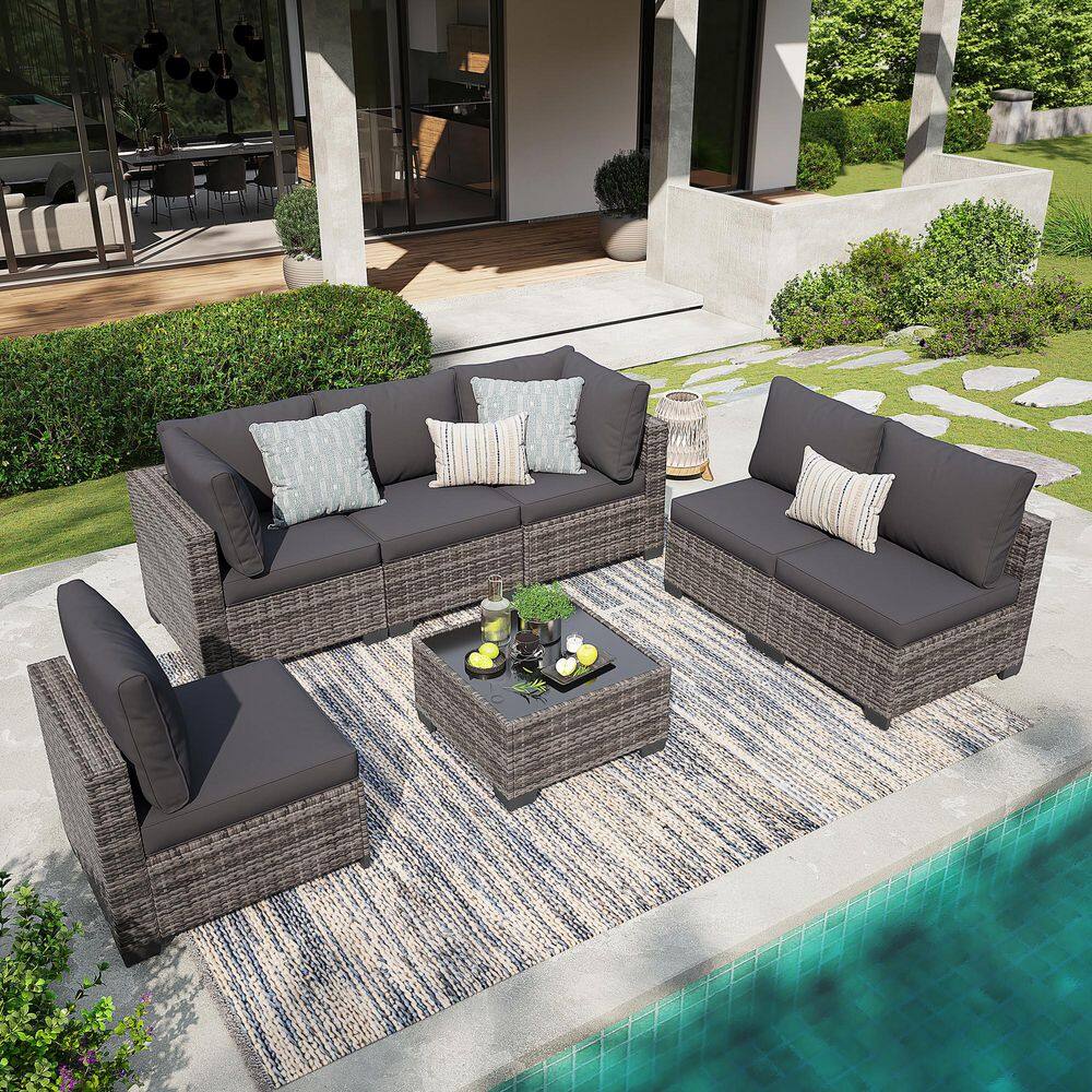 Gray 7-Piece Wicker Outdoor Sectional Set with Cushion Guard Gray Cushions, 6-Sofas and 1-Bistro Table price history on PriceWatchPro