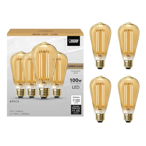 100-Watt Equivalent ST19 Dimmable Straight Filament Amber Glass E26 Vintage Edison LED Light Bulb, Warm White (16-Pack)