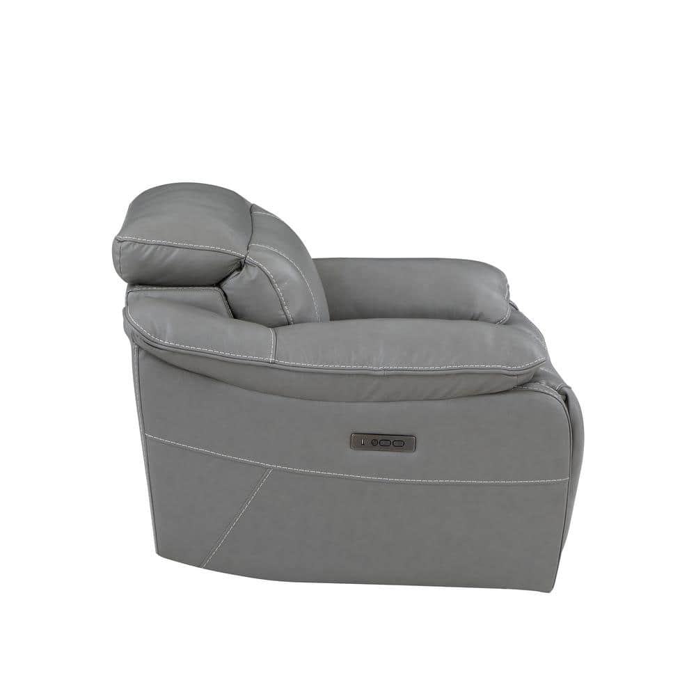 Gray Leather Power Recliner with Wood Accents