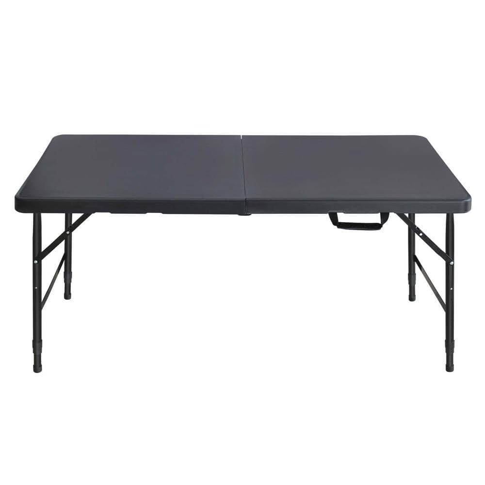 49.2 in. Black Finish Rectangular Metal Iron Frame Picnic Table Seats 4 People Portable Foldable Plastic Table