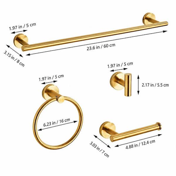 5-Piece Stainless Steel Bathroom Hardware Set with Towel Racks for Bathroom, 24 in. Wall Mounted Towel Bar Kit, Gold