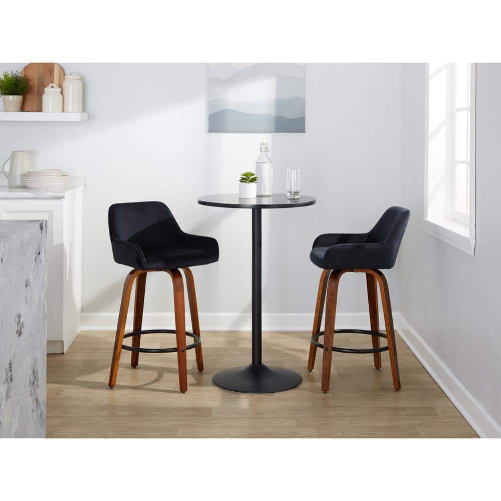 Black Velvet Swivel Counter Stool with Walnut Wood Legs
